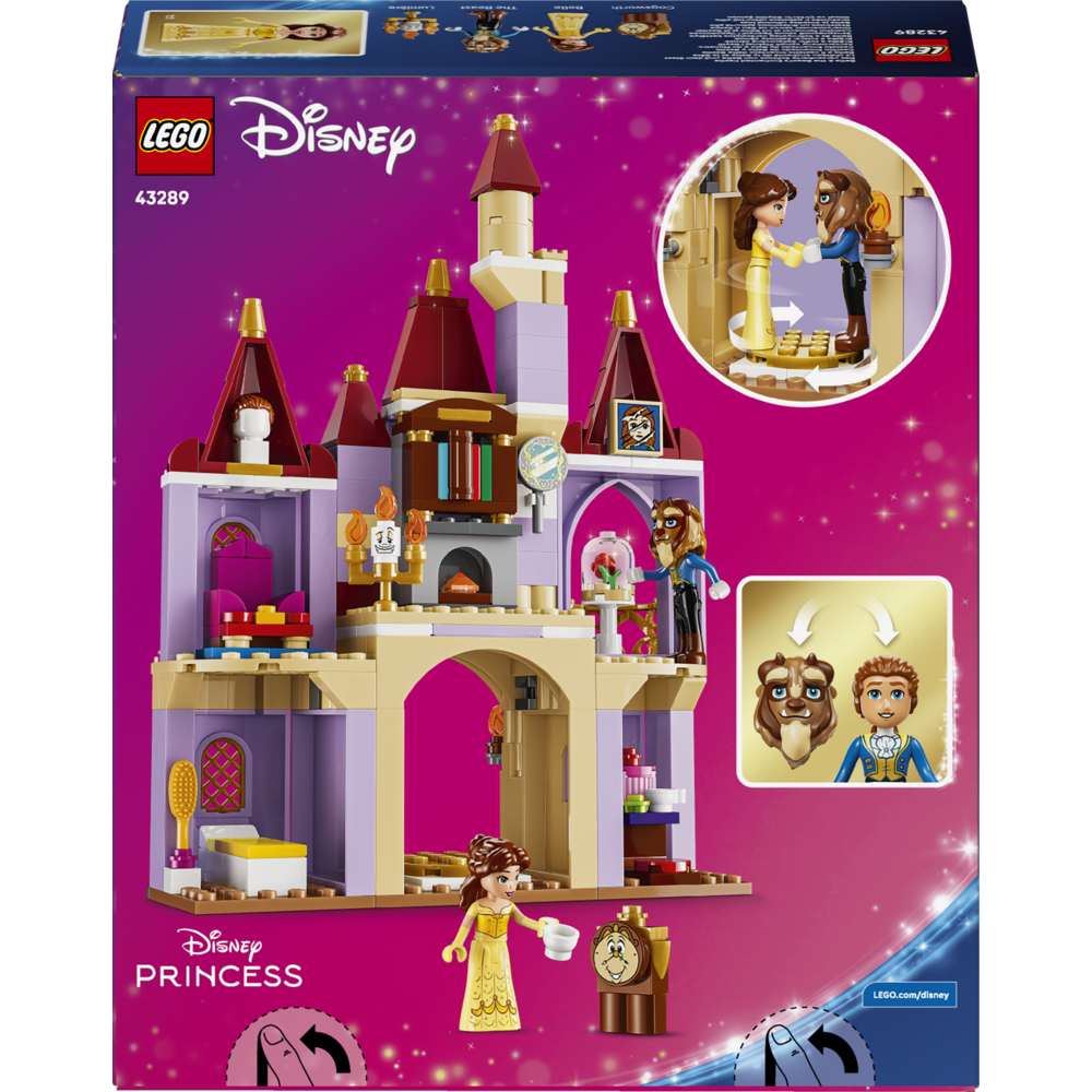 LEGO Disney Princess Belle & the Beast's Enchanted Castle 43289 - the back of the box showing play features and box contents. 254 pieces. Ages 5+.