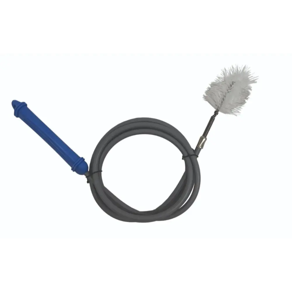 Flexible drain cleaning brush with 5ft black rubber hose, blue handle grip and gray nylon brush head for sink and drain cleaning