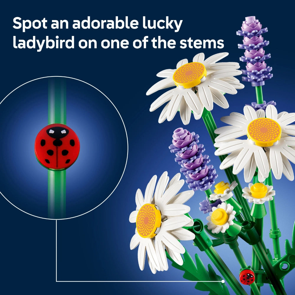 LEGO Daisies building set 11508 featuring white and yellow daisy flowers with purple lavender stems, green plastic stems, and red ladybugs, displayed against a dark blue gradient background with magnified circular detail of a red ladybug on a green stem