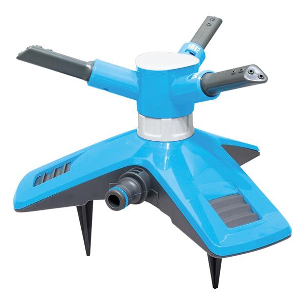 Blue and black circular garden sprinkler with three adjustable spray arms, stable base with feet, and control dial, product shot on white background