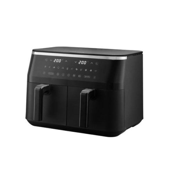 Morphy Richards 7.2 litre black dual drawer air fryer with digital display showing 200 degrees and touch control panel featuring multiple cooking presets