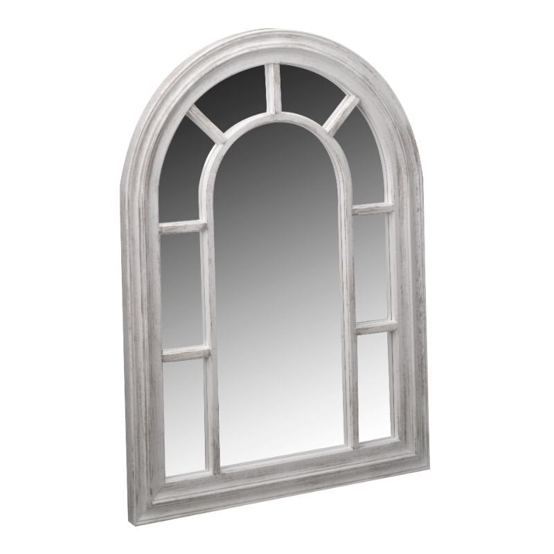 Silvergris arched window-style mirror with white wooden frame and multiple panes featuring rounded top design