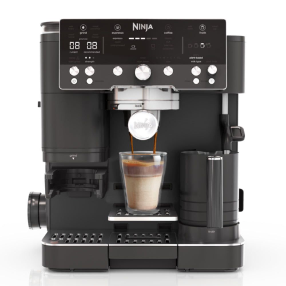Ninja coffee machine dispensing a cup of coffee on a white background