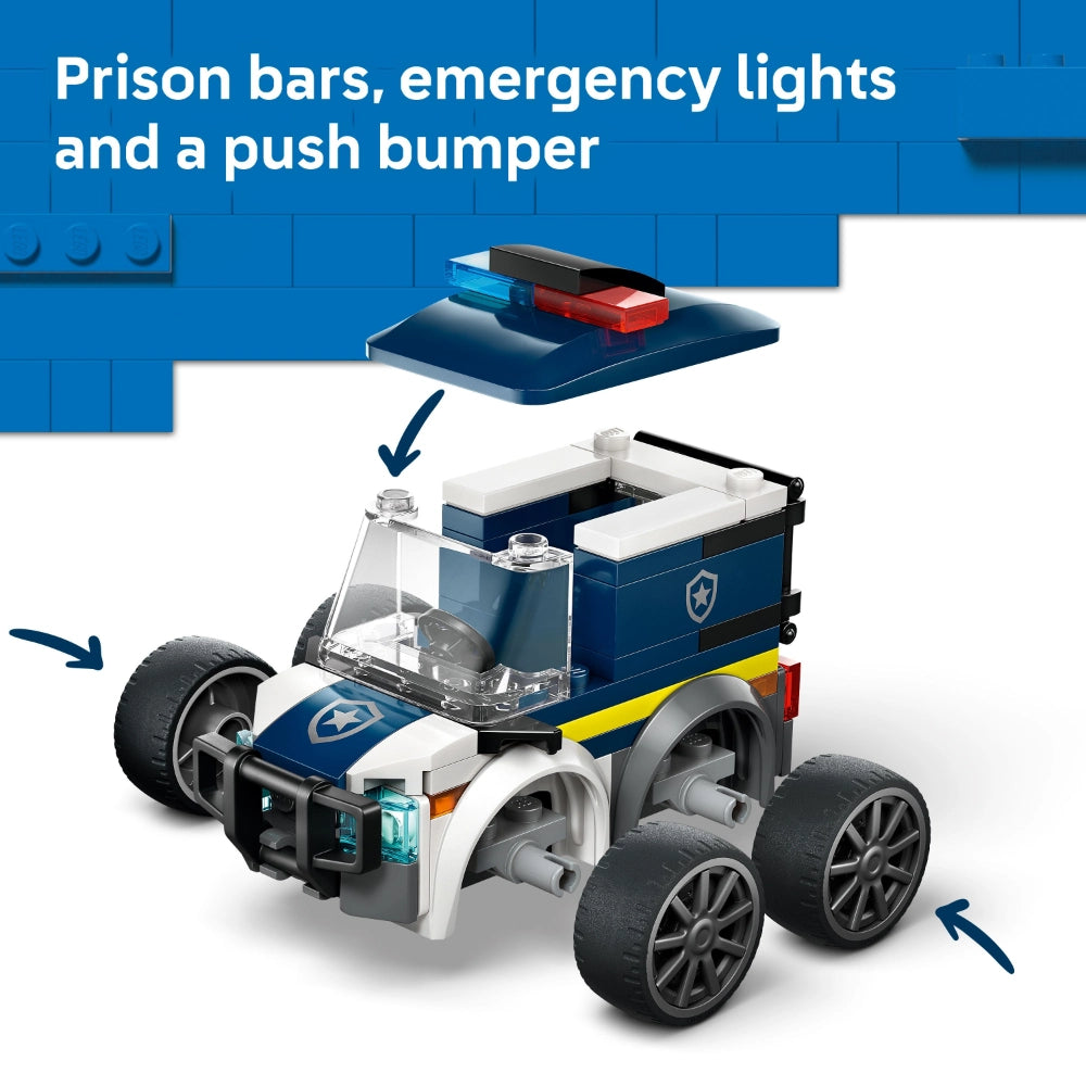 LEGO City Police Truck 60481 set featuring a blue and white police vehicle with four black wheels, transparent windshield, red and blue emergency light bar accessory, and white prison cell cargo container with bars, displayed against a blue LEGO brick background