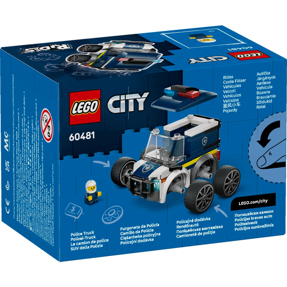 LEGO City Police Truck set 60481 box displaying blue and white police vehicle with black wheels, minifigure, and product details on packaging