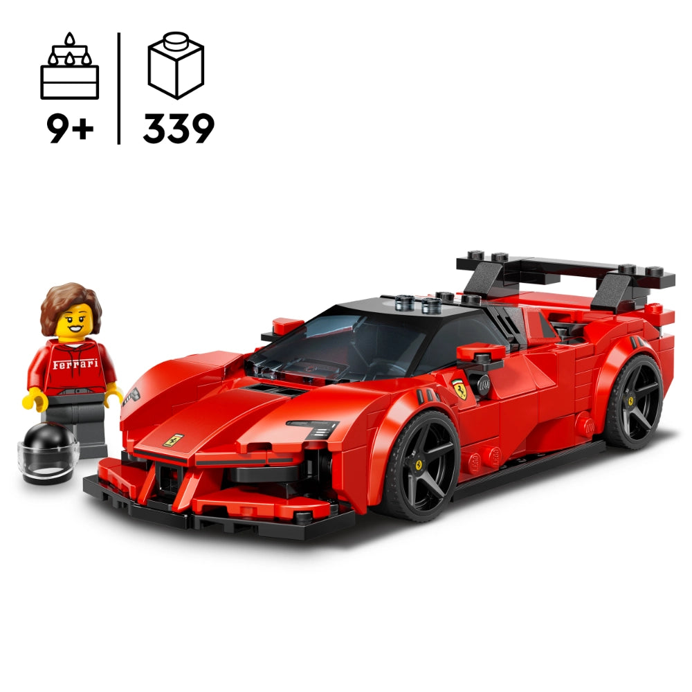 LEGO Ferrari SF90 XX Stradale red sports car building set 339 pieces with brown-haired minifigure in red Ferrari shirt and black helmet shown against white background