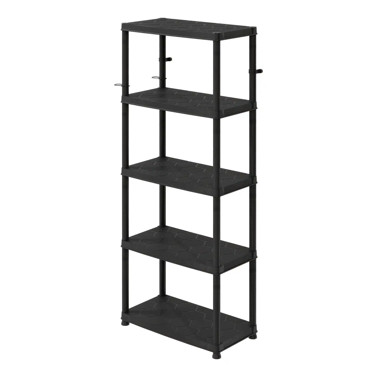 Black plastic 5-tier shelving unit with metal frame and adjustable shelves, ideal for storage and organization