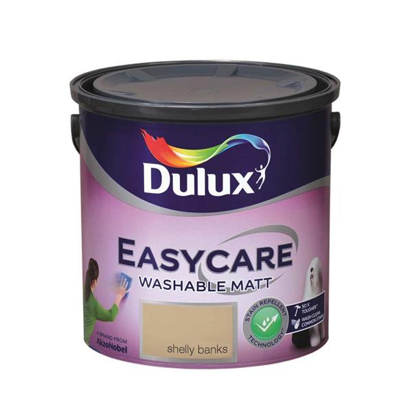 Dulux Easycare Washable Matt paint can in Shelly Banks beige, 2.5 litre tin with purple label and black lid