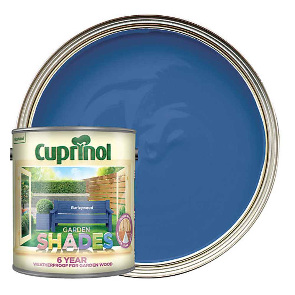 Cuprinol Garden Shades Barleywood wood stain 2.5 litre can with deep blue circular paint swatch showing the rich blue colour finish for garden wood treatment