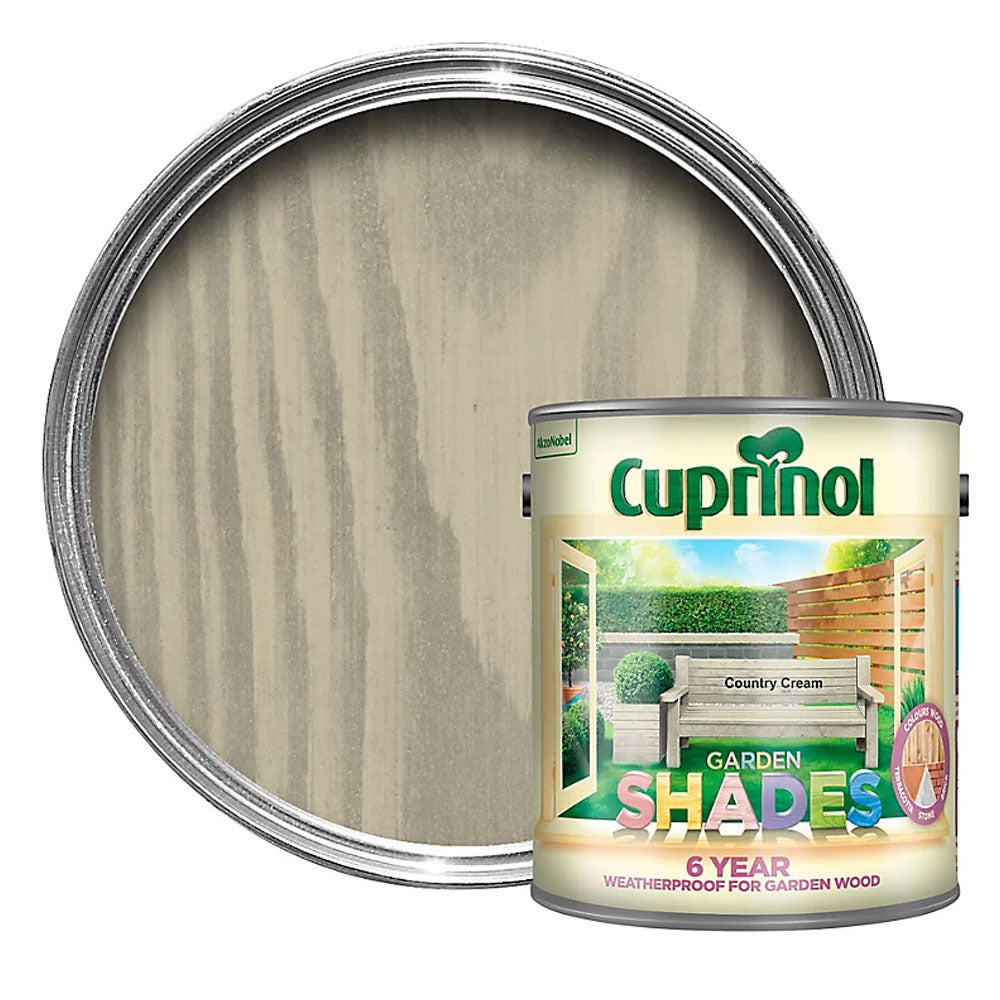 Cuprinol Garden Shades 1 litre tin of Country Cream wood stain with swatch showing warm beige colour, 6 year weatherproof protection for garden wood
