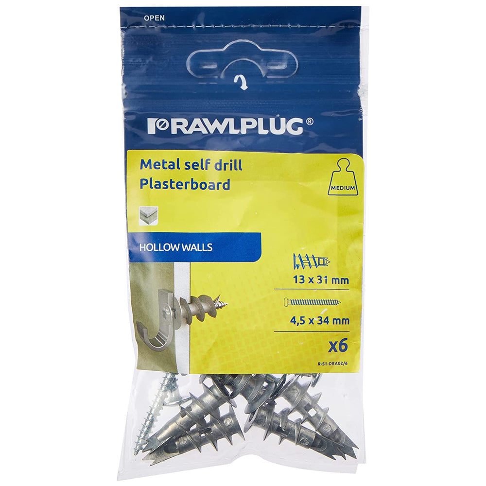 Rawlplug Metal Self-Drill Plasterboard Fixing Pack of 6 | R-S1-DRA02/6
