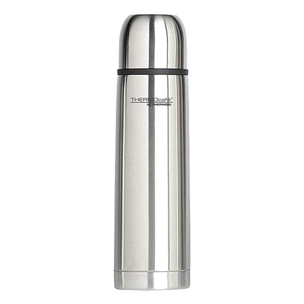 Thermos Everyday Flask 1 Litre stainless steel vacuum insulated bottle with black band and cap on white background