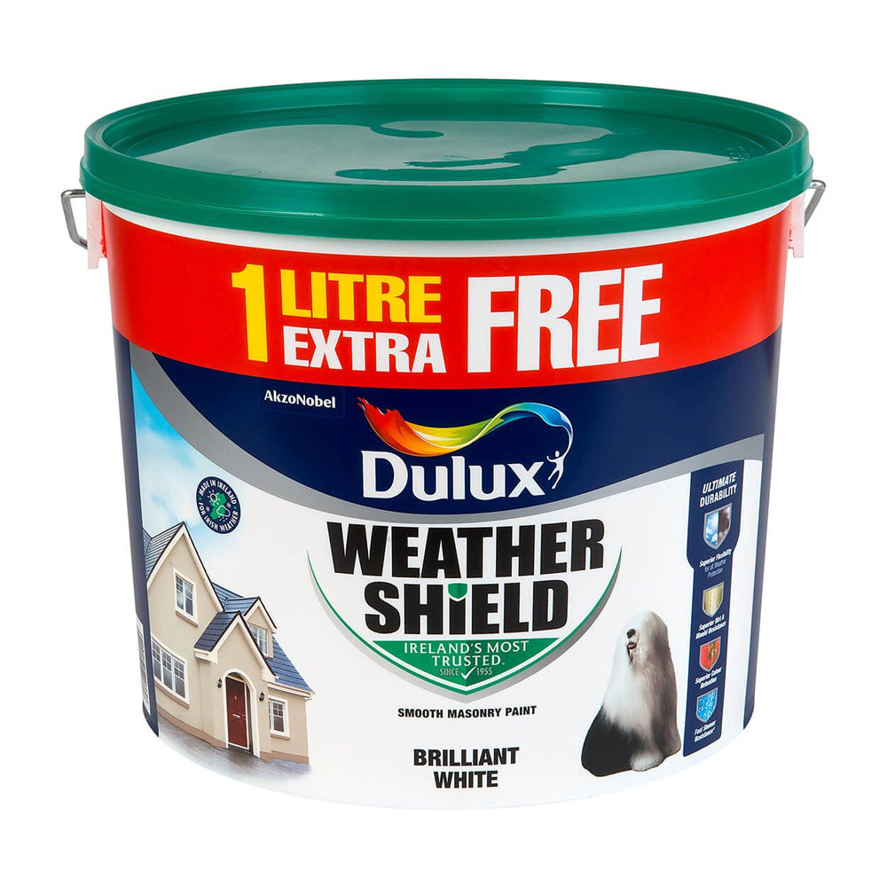 Dulux Weather Shield 11 litre paint bucket in Brilliant White with green lid, featuring red promotional banner offering 1 litre extra free, smooth masonry paint for exterior walls