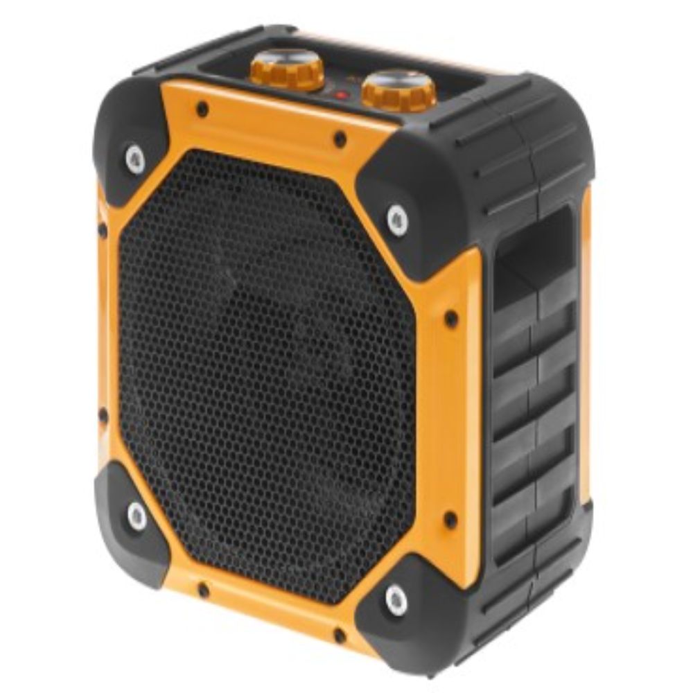 Dimplex Rugged Workshop Electric Fan Heater 3KW RUG3TS with orange and black heavy-duty casing, mesh front grille, top-mounted controls and rubber corner bumpers