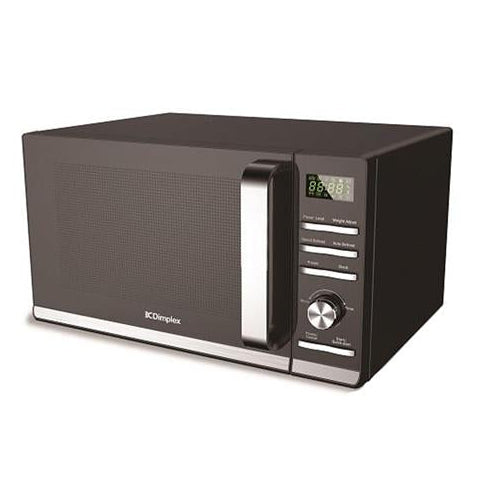 Dimplex black digital microwave with stainless steel interior and chrome handle, featuring digital display and control panel, 900W power