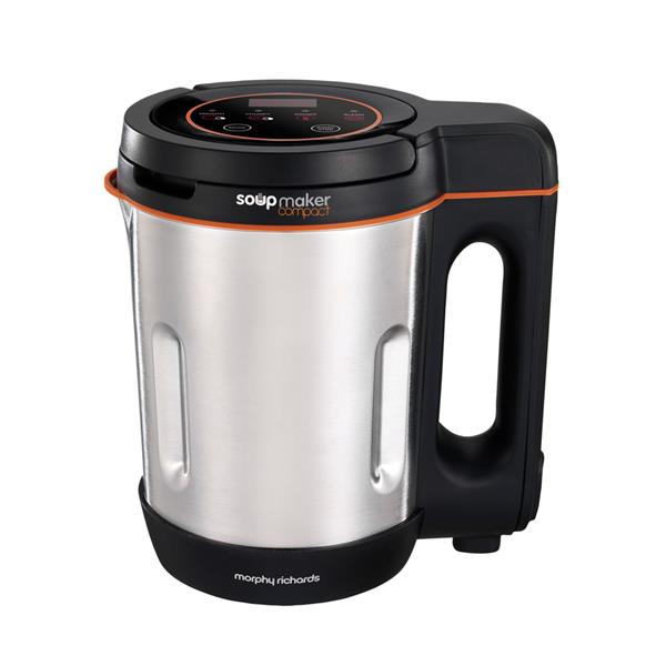 Morphy Richards Compact 1 Litre Soup Maker in stainless steel and black with orange trim, featuring digital controls on lid and handle