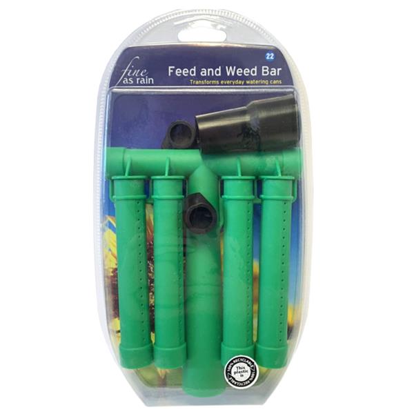 Feed and Weed Bar extension attachment with four green plastic tubes and brass connector for watering can, displayed in clear retail packaging
