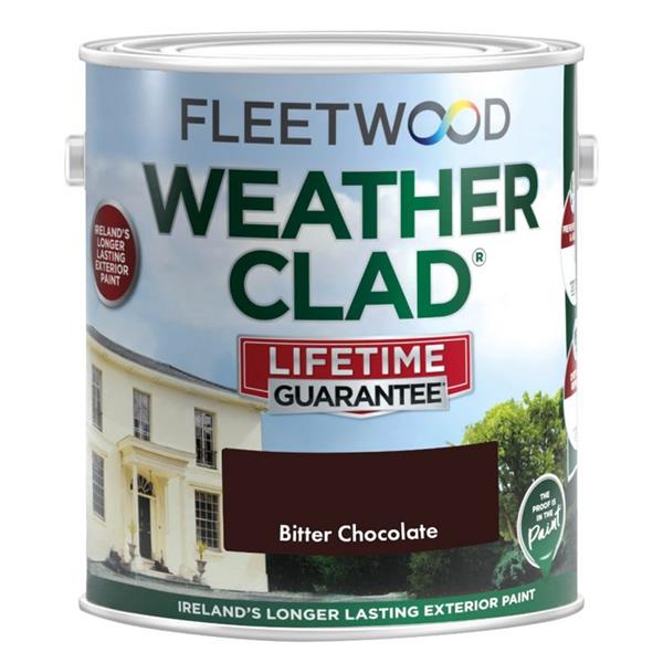 Fleetwood Weatherclad Lifetime Guarantee exterior masonry paint 5 litre can in Bitter Chocolate brown colour with product label showing house illustration and Ireland's longer lasting paint claim