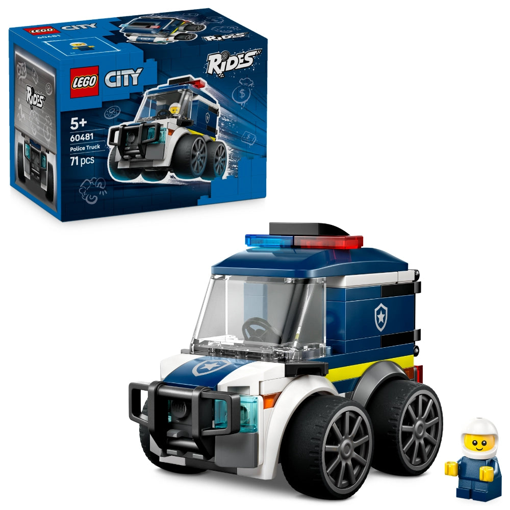 LEGO City Police Truck 60481 building set featuring a blue and white motorized police vehicle with red and blue light bar, large black wheels, transparent windshield, yellow stripe detail, and yellow minifigure police officer, displayed with original packaging box showing product number and 71 pieces