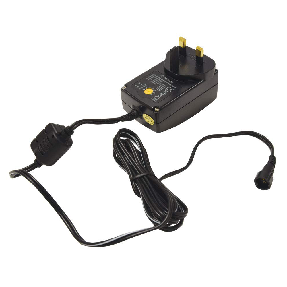 Black switch-mode variable voltage power supply adapter with 1500mA output, featuring gold-plated prongs, yellow indicator light, and coiled black power cord with connector tips