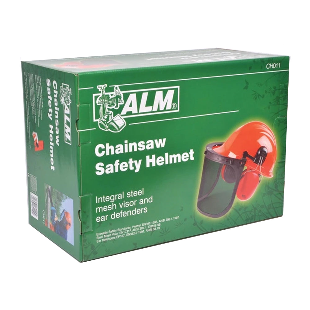 ALM Chainsaw Safety Helmet CH011 with red hard hat, integral steel mesh visor and ear defenders in green packaging box