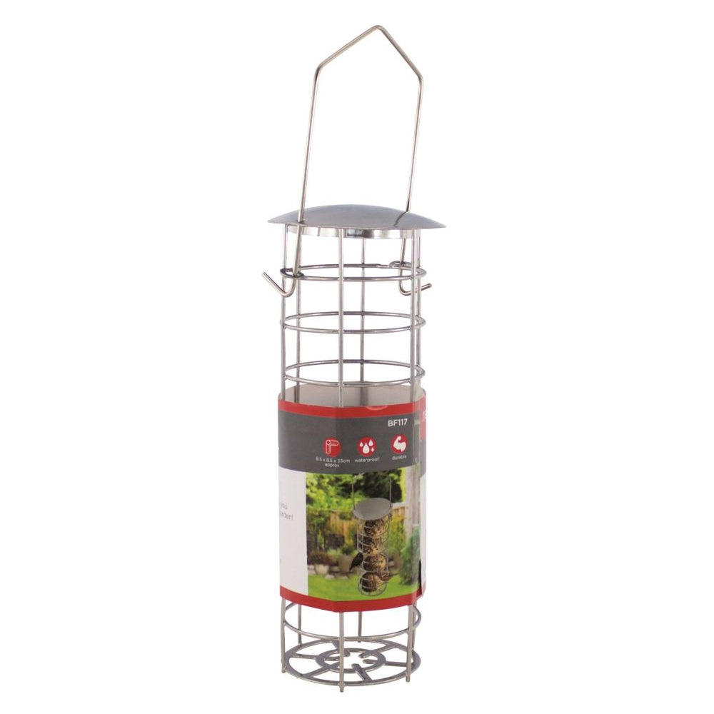 Stainless steel hanging bird fat ball feeder with protective cage design, featuring a peaked roof top, multiple horizontal wire rings, and red accent bands, model BF117
