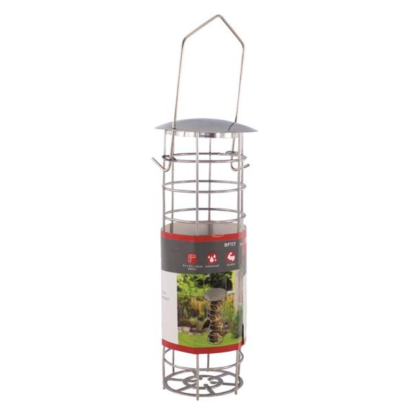 Redwood Leisure Deluxe hanging bird fat ball feeder with metal wire cage, gray top and bottom caps, red and white product packaging band, and hanging chain hook on white background