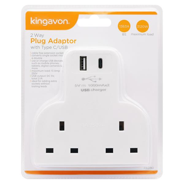 Kingavon 2 Way Plug Adaptor with USB A & C | White Charger