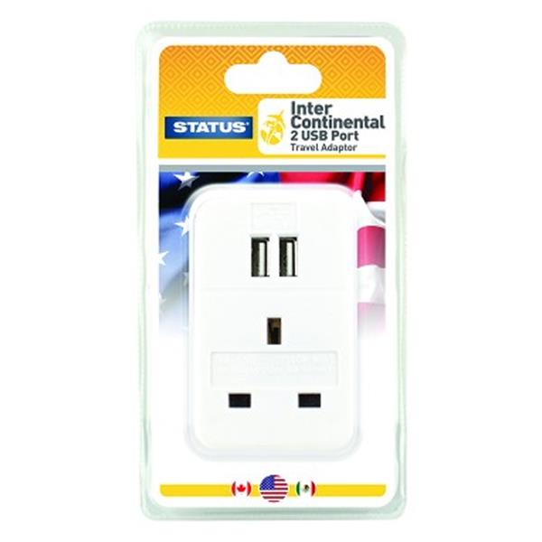 Status USA International Travel Adaptor With 2 Usb Ports - White | SINTERUSBPLUG