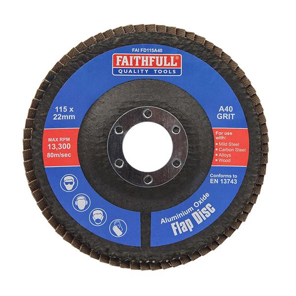 Faithfull Aluminium Oxide Flap Disc 115mm x 22mm 40 Grit | FAIFC115A40