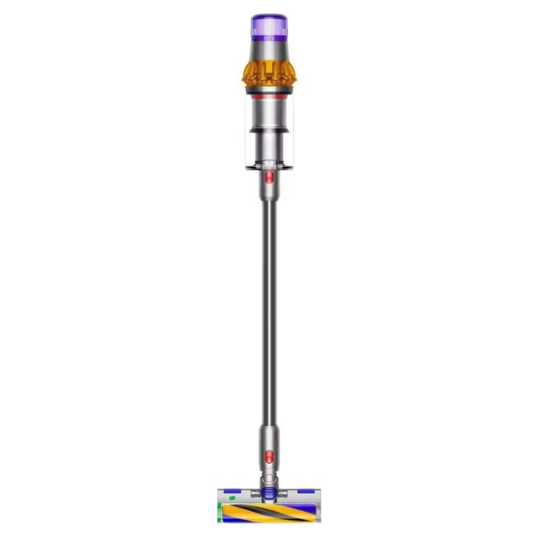 Dyson V15 Detect Absolute cordless vacuum cleaner with purple and silver design, shown in upright position with motorized brush head displaying colorful bristles in green, blue and yellow tones