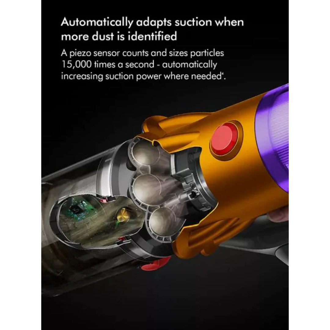 Dyson V12 Detect Slim vacuum cleaner cutaway showing gold and purple body with internal components including piezo sensor technology and three cyclone chambers, demonstrating automatic dust detection and suction adaptation feature