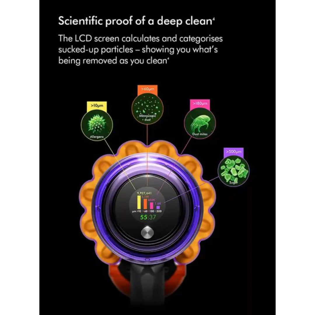 Dyson V12 Detect Slim vacuum cleaner with LCD screen displaying particle detection data showing allergens, microscopic dust, and dust mites categorized by size in micrometers, featuring orange and purple design with digital readout showing 55:37 runtime