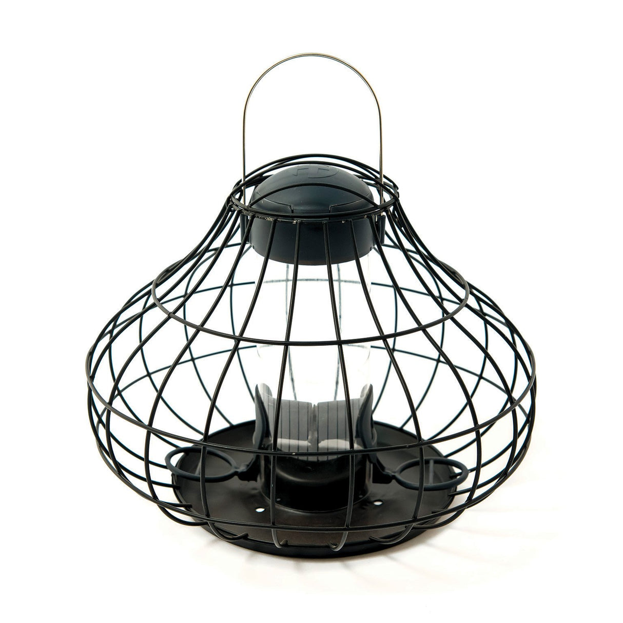 Black wire cage squirrel resistant bird seed feeder with metal handle and dark tray base, isolated on white background