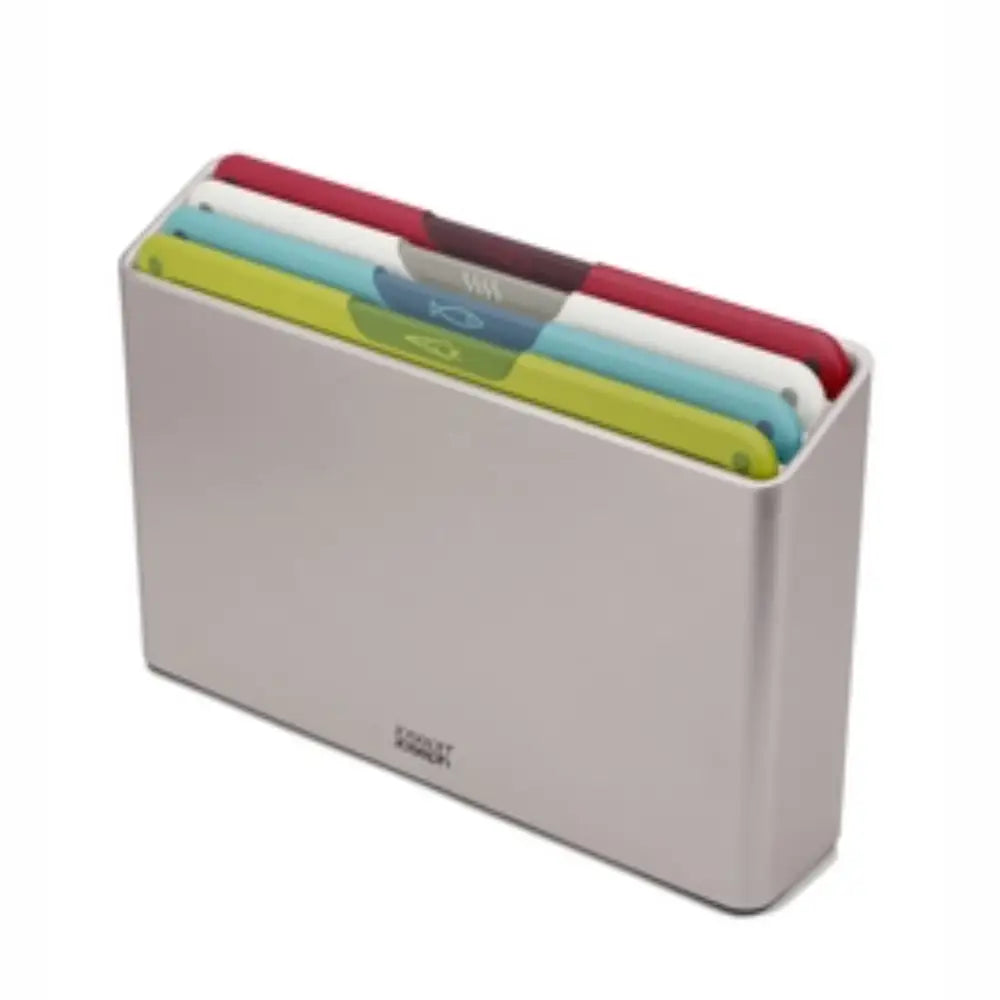 Joseph Joseph Folio Icon 4 piece chopping board set in white storage case with colour-coded boards in burgundy, white, light blue and lime green