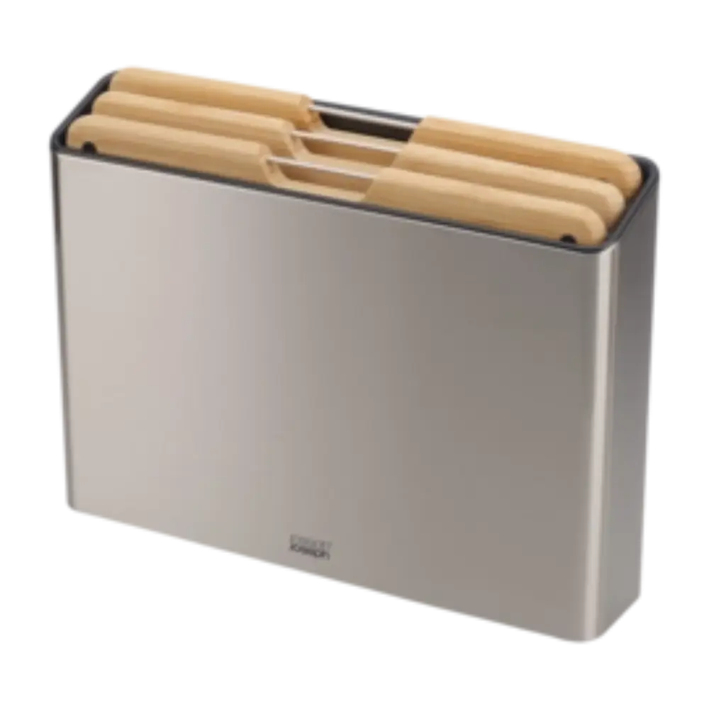 Joseph Joseph Folio Steel Bamboo 3 Piece Chopping Board Set with natural bamboo handles displayed in a grey stainless steel storage case