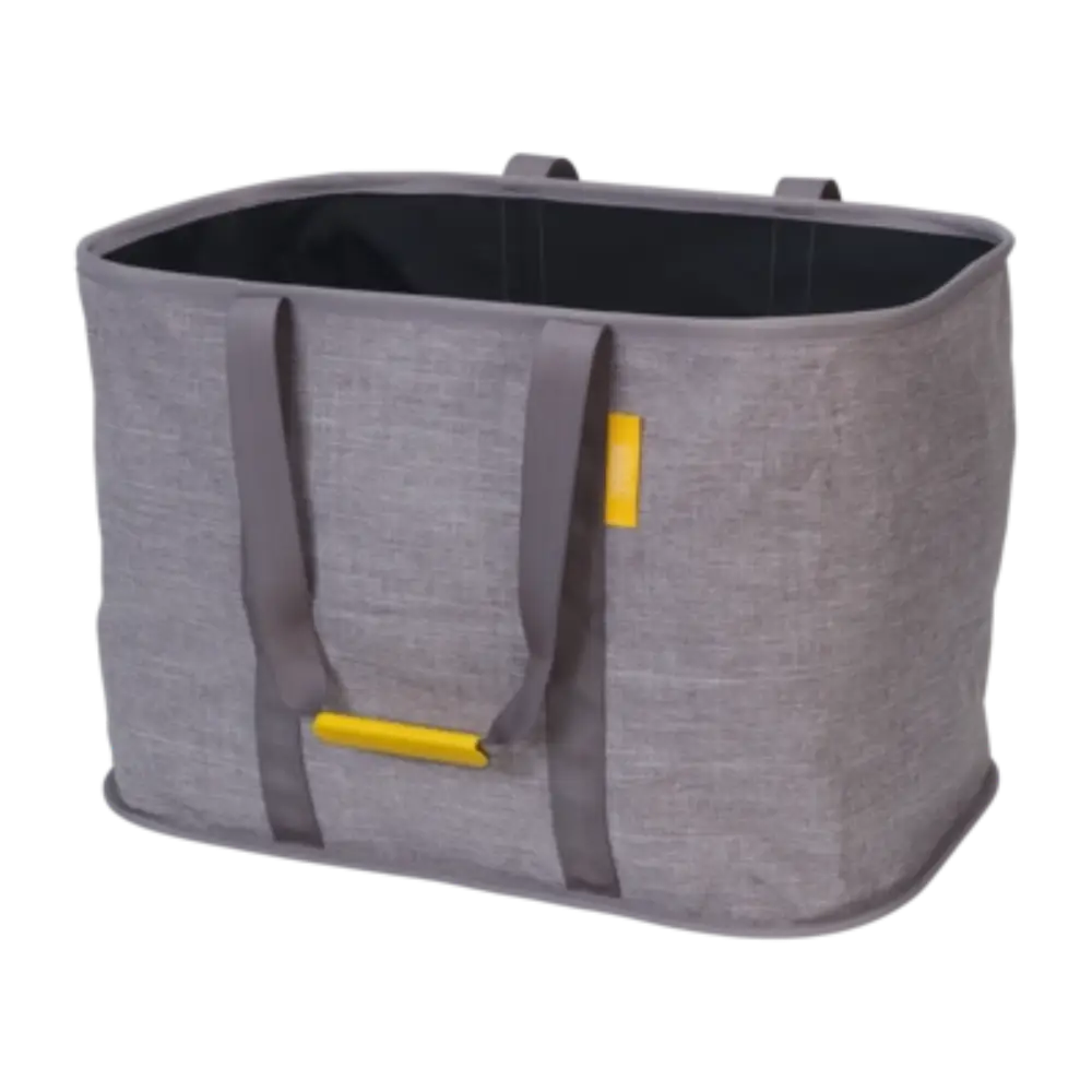Joseph Joseph Hold All Max Laundry Basket in grey fabric with dark grey handles and yellow accents, featuring a black interior and reinforced rim