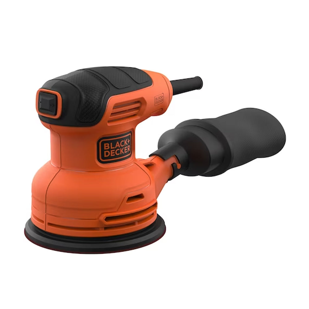 Black and Decker Heritage random orbital sander with orange and black body, circular sanding plate, power cord, and dust collection attachment on white background