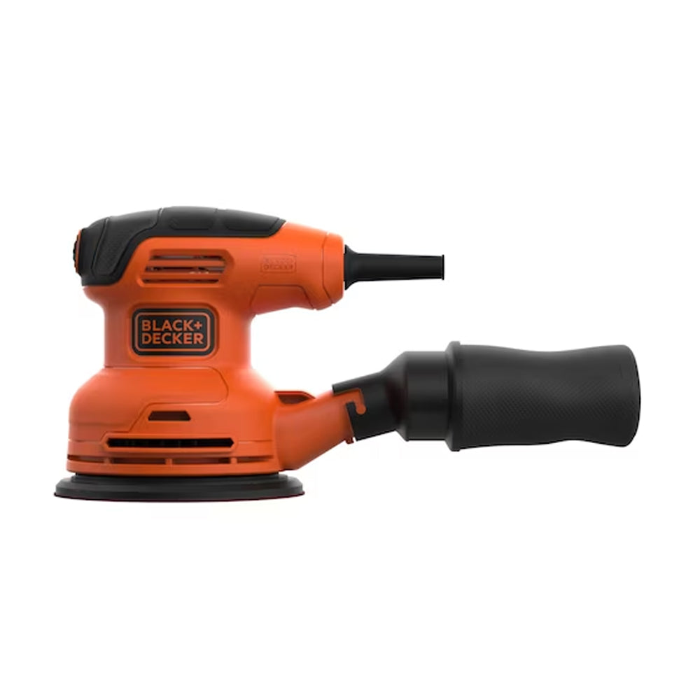 Black and Decker Heritage random orbital sander with orange and black body, circular sanding plate, dust collection handle, 230W corded power tool on white background
