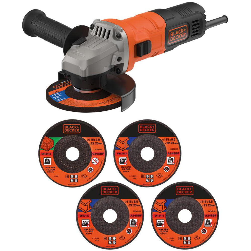 Black and Decker 710W 115mm Mini Angle Grinder & 5 Cutting Discs | B/DBEG010A5
