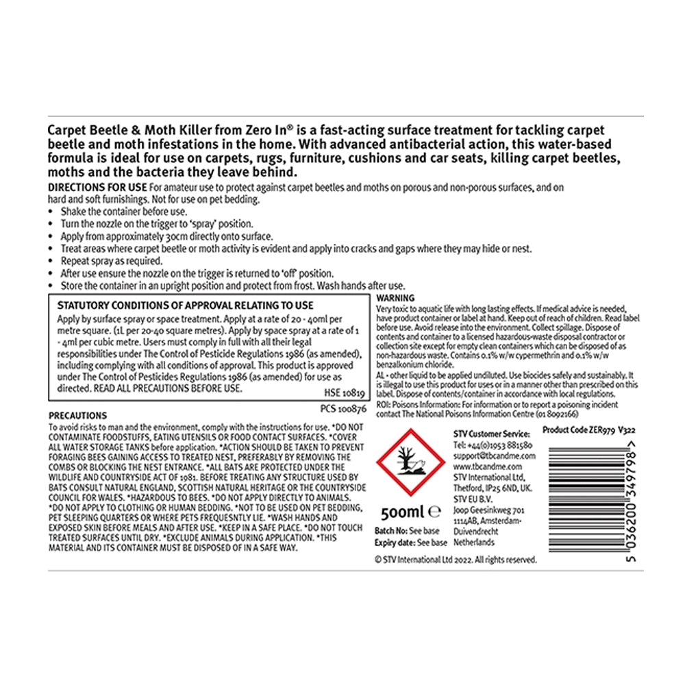 Zero In Carpet Beetle & Moth Killer 500ml RTU Spray - Kills On Contact | ZER979