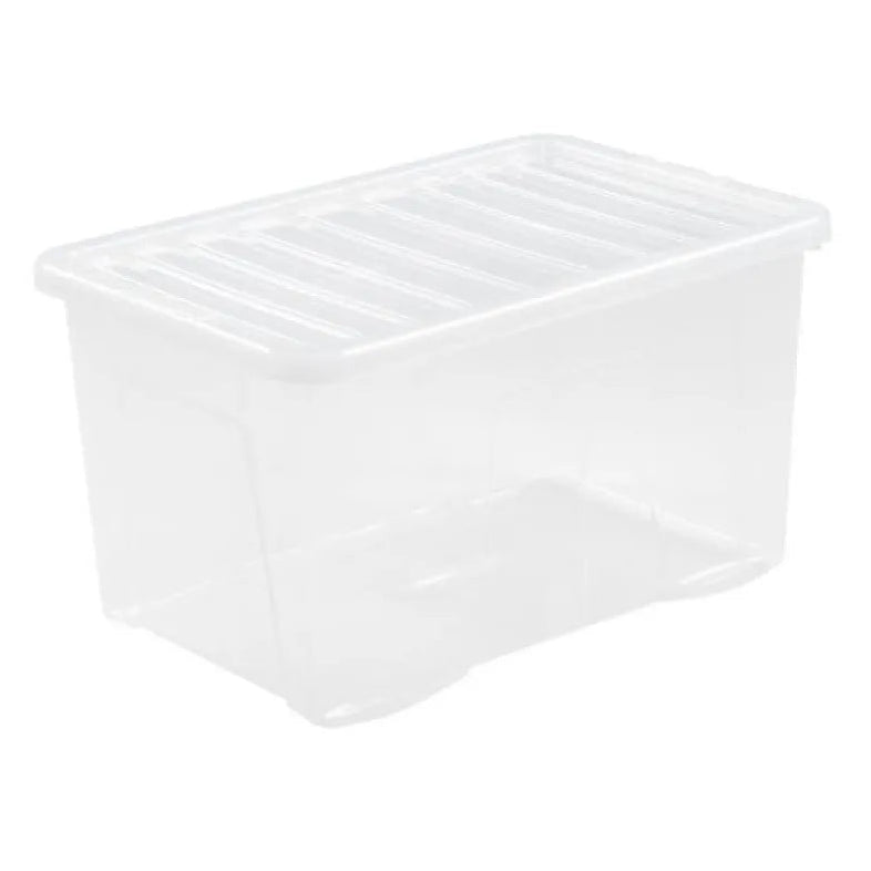 Clear plastic storage box with hinged lid, 60 litre capacity, rectangular shape with ventilation grooves on top, transparent polypropylene construction for visibility of contents