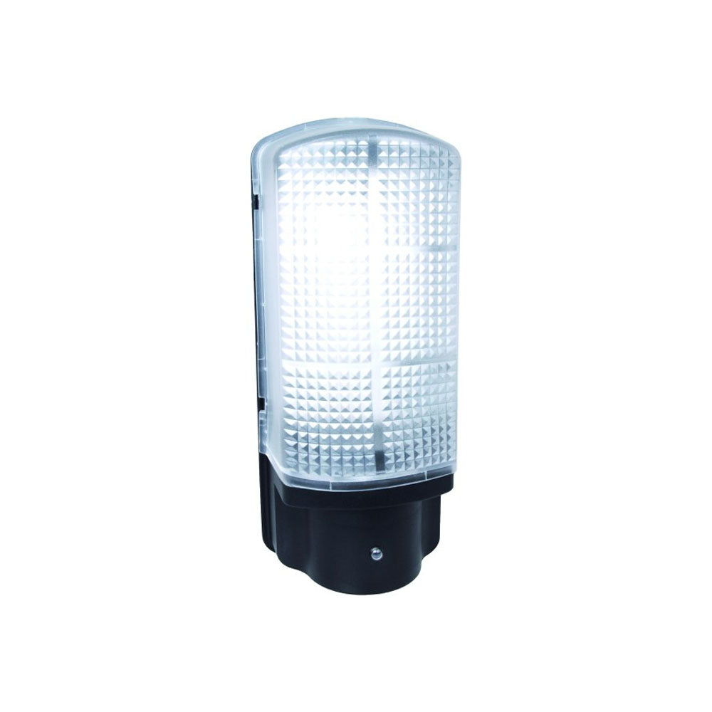 Black and clear polycarbonate LED bulkhead light fixture with integrated photocell sensor and ribbed translucent dome