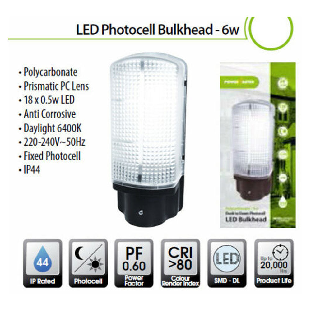 LED Photocell Bulkhead 6W with polycarbonate prismatic lens, black base and clear dome, shown with product specifications including IP44 rating, daylight 6400K, and up to 20,000 hours product life