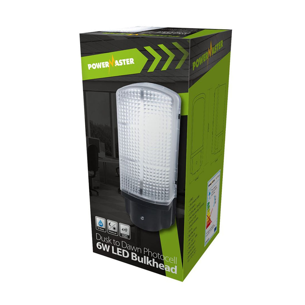 Powermaster 6W LED dusk to dawn photocell bulkhead light with white polycarbonate diffuser and black body in retail packaging with lime green and black branding