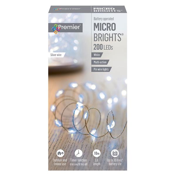 Premier 200 LED Battery Microbrights Christmas Lights with Timer - White | FLB151211W