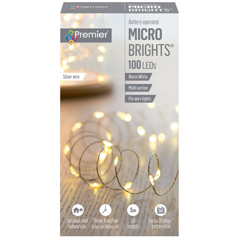 Premier 100 LED Battery Microbright Christmas Lights with Timer - Warm White | FLB151210WW