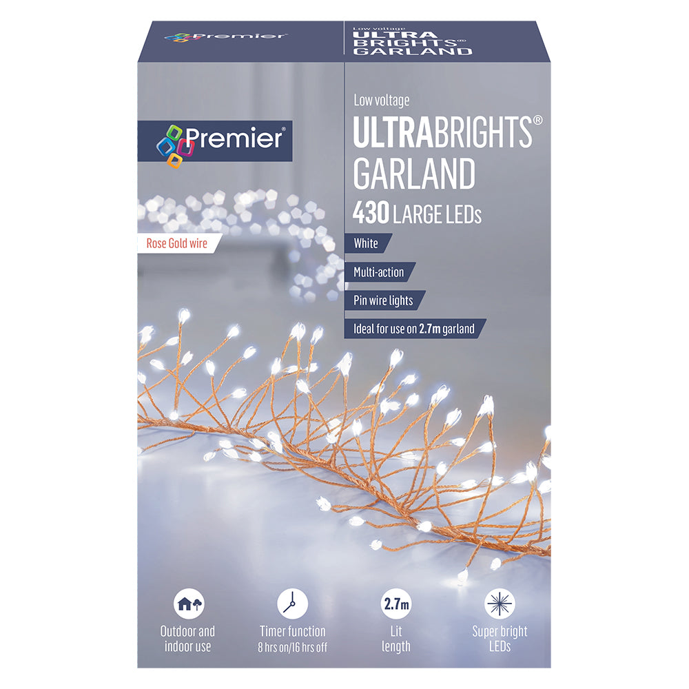 Premier 430 LED M-Action Ultrabrights Garland Lights - White with Rose Wire | FLV192175W