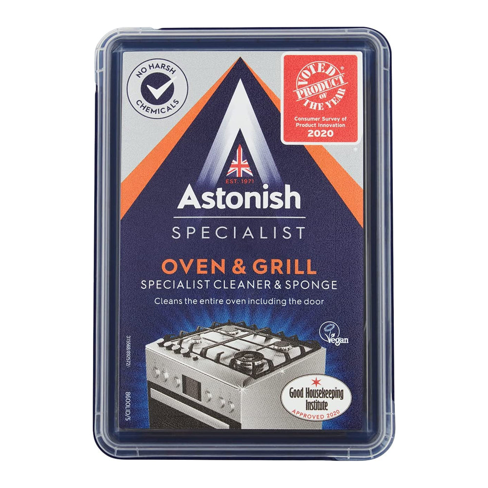 Astonish Specialist Oven and Grill Cleaner 250g package with navy blue and orange triangular design, featuring product certifications including No Harsh Chemicals, Vegan, and Good Housekeeping Institute Approved 2020 badges, displayed in clear plastic packaging