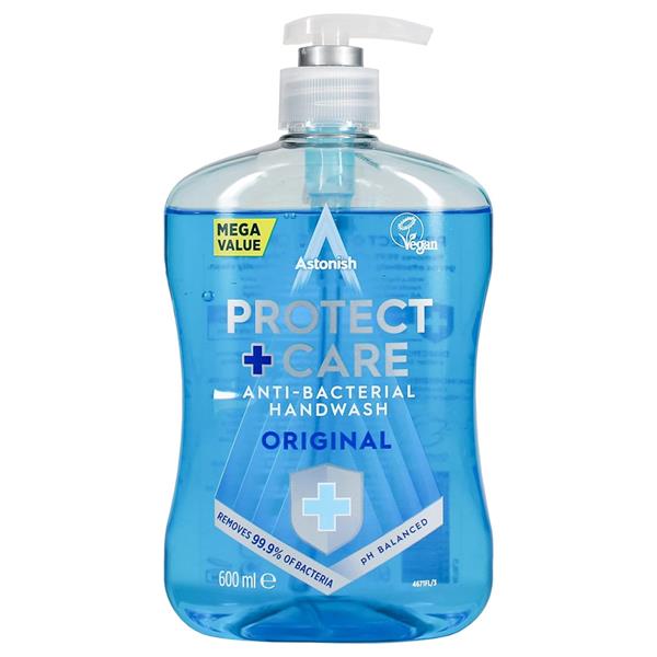 Astonish Protect and Care anti-bacterial liquid handwash 600ml bottle with pump dispenser, bright blue formula in clear plastic container, yellow Mega Value label visible, original scent variant